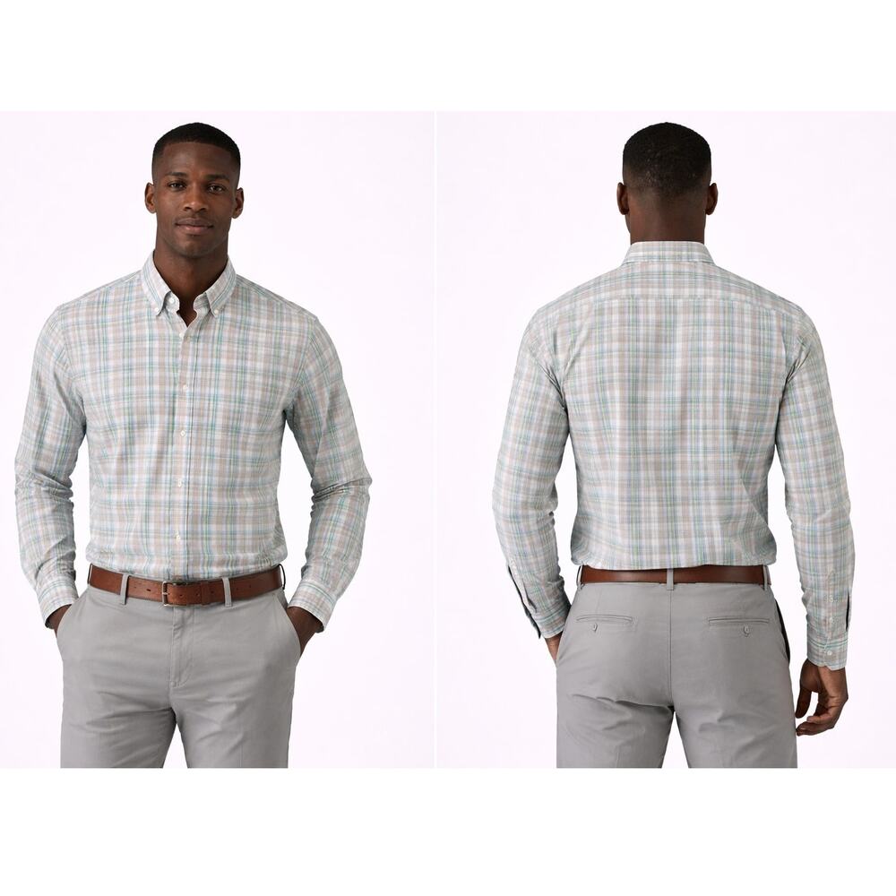 Club Room Slim Fit Shirt Men Small Plaid Button Down Green Orange Stretch